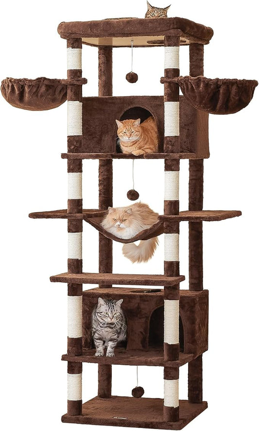 MWPO Extra Large Cat Tree, 77.6-Inch Tall Cat Tower for Indoor Cats with 2 Condos, Multi-Level Cat Stand for Large Cats, 3 Hammocks, Wide Perch, Scratching Posts, Dangling Toys, Brown