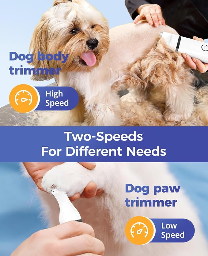 oneisall 4-in-1 Cordless Dog Grooming Kit with 2-Speed Clippers, Low Noise Paw Trimmer & Rechargeable Quiet Nail Grinder for Dogs and Cats (White)