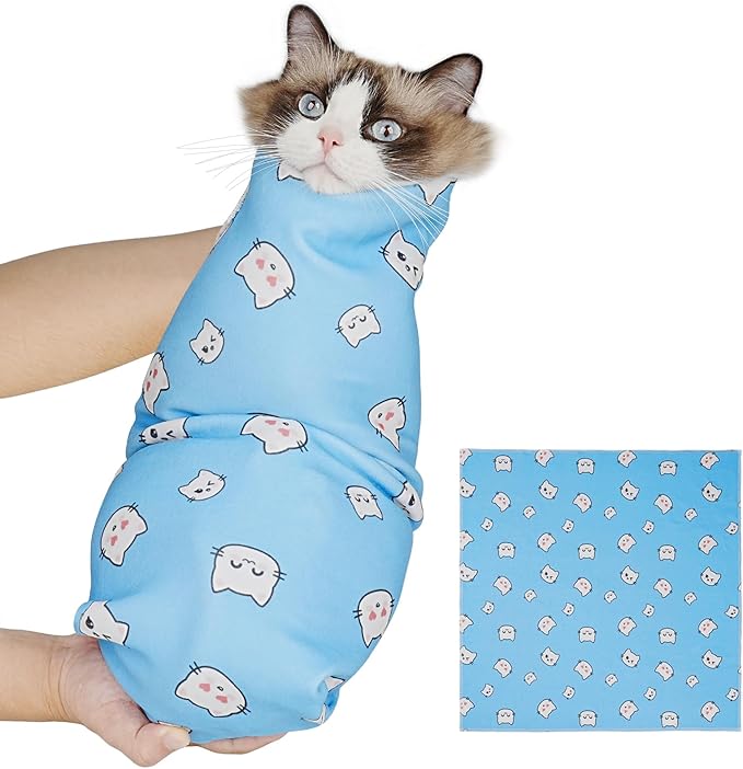 Cat Wrap for Cutting Nails, Self-Adhesive for Grooming, Anti-Scratch Cat Swaddle Wrap for Medicine, Nail Clipping, Teeth Brushing, Ear Cleaning
