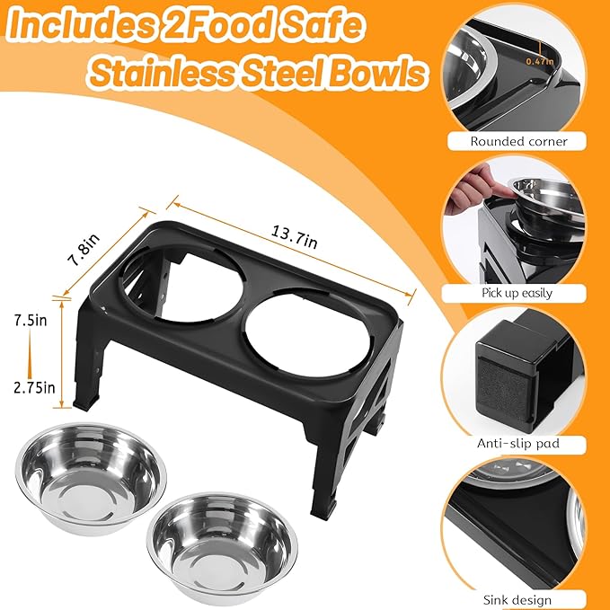 Hubulk Elevated Dog Bowls with 2 Stainless Steel Dog Food & Water Raised Bowls with No Spill Edge Non-Slip Stand Adjusts to 3 Heights(2.75", 6.0", 7.5") for Small Medium Dogs and Pet