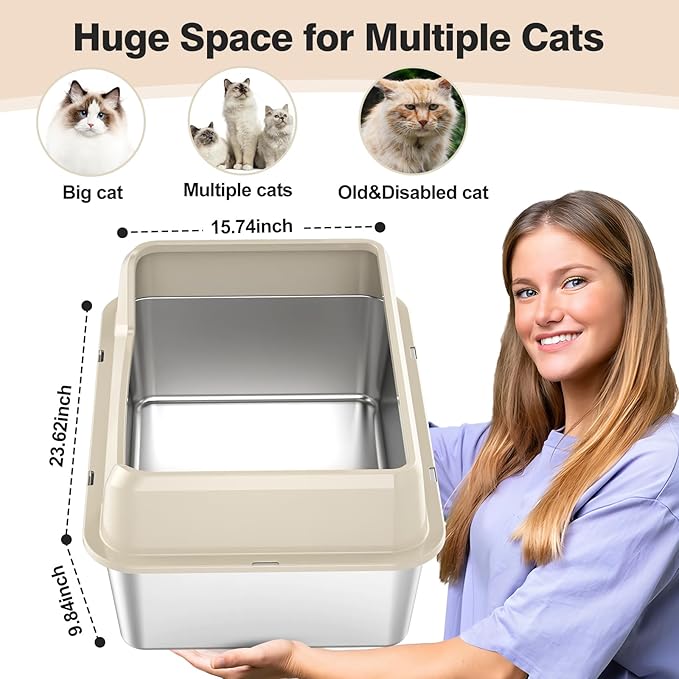 Stainless Steel Litter Box with Lid, XL Cat Box, Non-Sticky, Anti-Leakage, Easy to Clean (Beige)