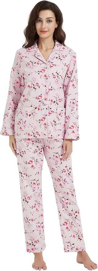 GLOBAL Flannel Pajamas for Women 2-Piece Comfy and Cozy Flannel Pj Set Cotton Loungwear