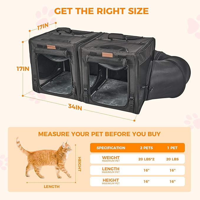 PETUX 2-in-1 Double Cat Carrier for Multiple Cats - Large Cat Travel Carrier with Litter Box, Play Tunnels, and Hammock - Portable Pet Carriers for Long Car Trips ＆ Vet Visit (34"x17"x17", Black)