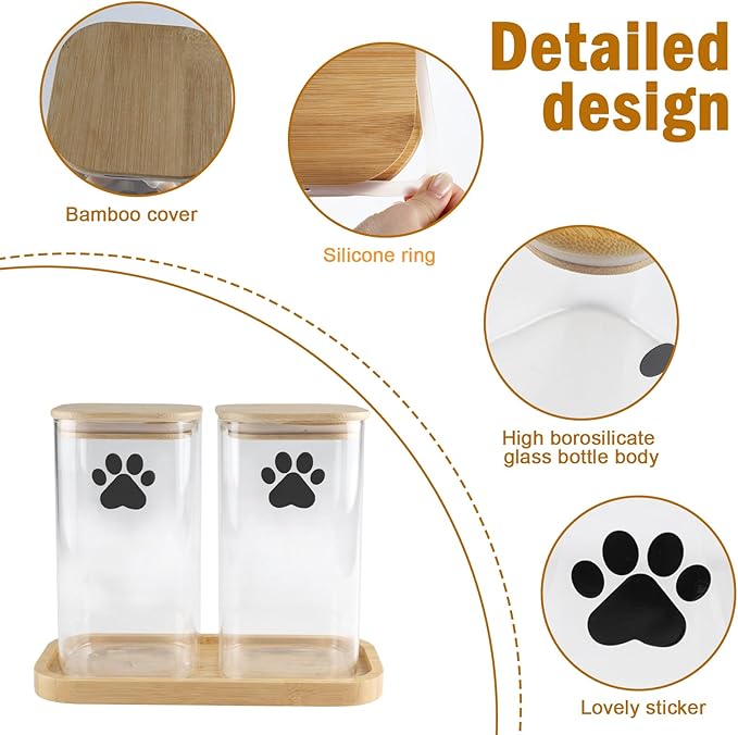37oz Dog Treat Container Set of 2, Glass Dog Treat Jars for Kitchen Counter with Airtight Bamboo Lids, Small Pet Treat Canister,Puppy Food Bin for Kitchen Counter,Freshness Seal-Clear