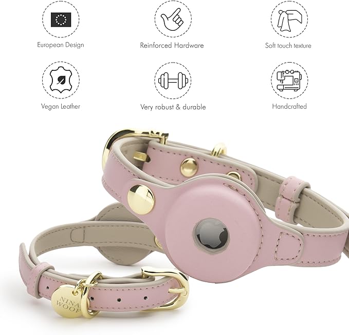 Cupertino Dog Collars, Harnesses & Leashes Made from Vegan Leather with Dog Tracker Device Holder Adjustable Dog Collar (Extra Small (Neck: 9x12), Pink)