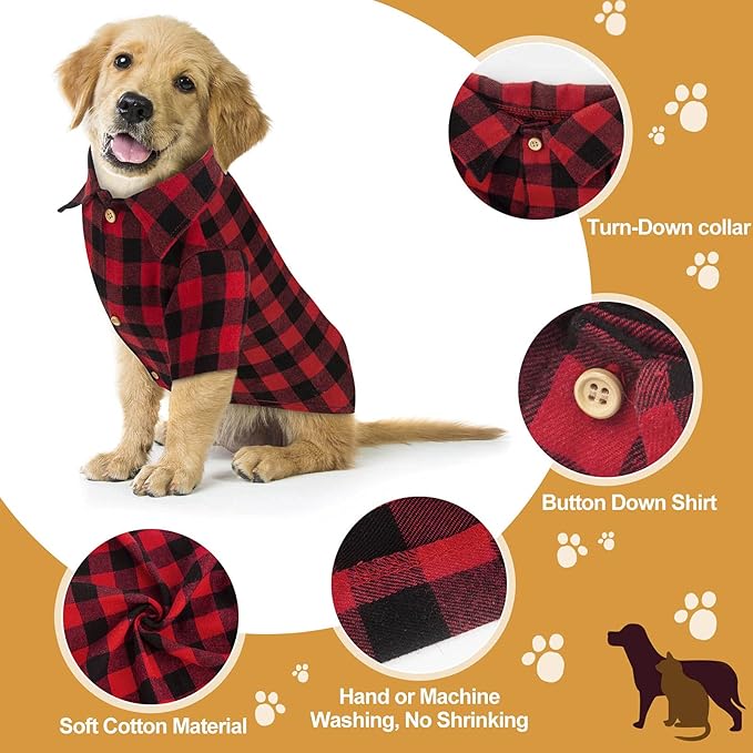 Plaid Dog Shirt Red Buffalo Outfit Soft Casual Clothes for Small Medium Large Dogs Puppy Cats Halloween Thanksgiving Christmas Costumes(S)