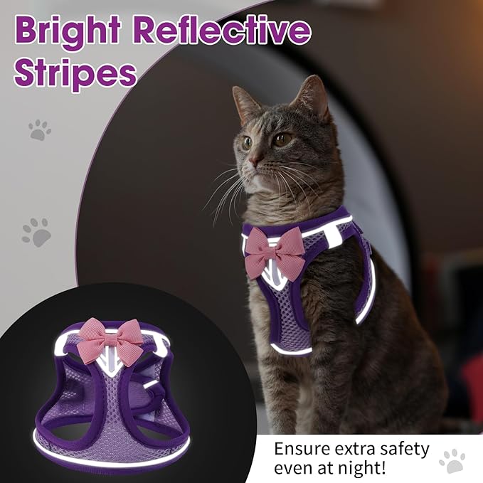 Cat Vest Harness and Leash Set for Walking Escape Proof, Adjustable Kitten Harness Breathable Mesh with Reflective Strips Harness for Kitty Puppy Bunny (Purple, S)
