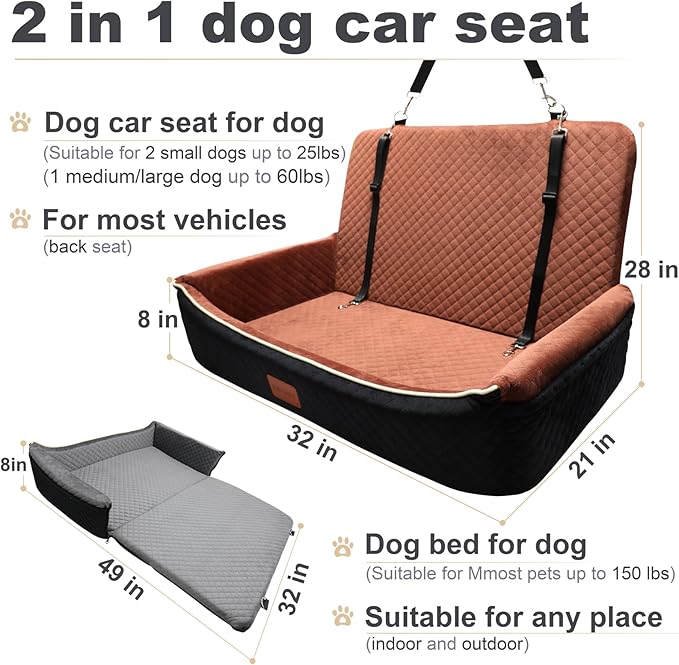 Youvee Dogs Car Seat and Bed 2 in 1,Pet Car Bed for 2 Small or 1 Medium/Large Dog up to 60 lbs,Dog Booster for car Back Seat,Safety,Comfortable,Storage Pocket,Fully Detachable and Washable(Grey)