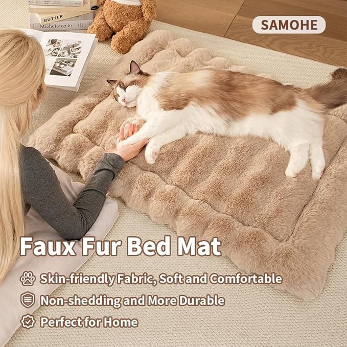 Plush Cat Beds for Indoor Cats Faux Fur Pet Mat with Non-Slip Bottom Cozy Kitten Bed for Carriers/Couch/Floor/Dog & Puppy Friendly 23 x 15 Inch Medium Coffee