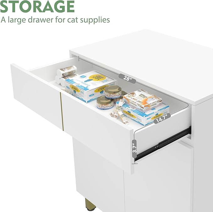 Large/Tall Litter Box Enclosure, Modern Wooden Litter Box Furniture for XL Litterbox with Drawer as Sideboard Cabinet (White)