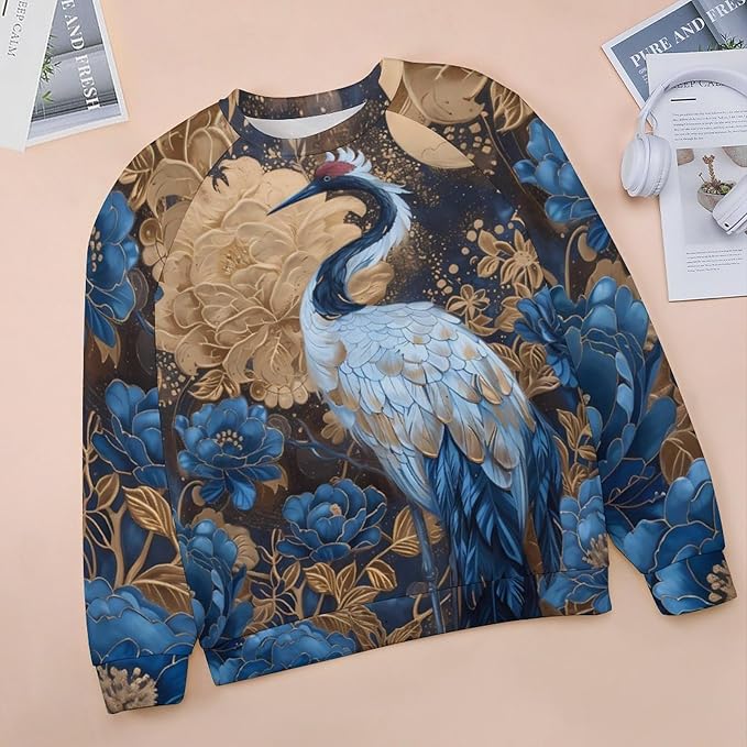 Womens Long Sleeve Tops Y2k Japanese Art Print Sweatshirts Fall Pullover for Women Crewneck Vintage Shirts Boho Tops