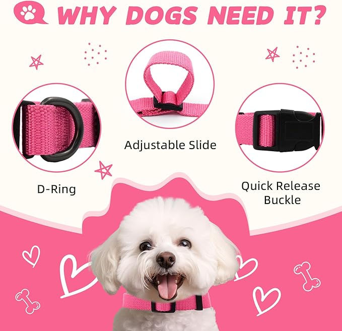 Rose Pink Dog Collar for Medium Size Dog, Breathable, Anti-Odor & Soft, Comfortable for Sensitive Skin Puppies, 90% Bamboo Rayon, Adjustable Quick-Release Buckle Pet Collar for Medium Breeds