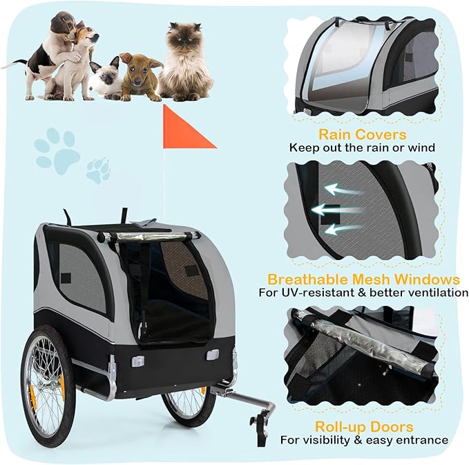 Dog Bike Trailer - HAPPAWS Dog Trailer for Bicycle, Cargo Cycle Trailers Wagon Cart Pet Bike Carrier w/ 3 Doors, Aluminum Wheels, Safety Flag, Easy to Connect&Disconnect, Collapsible to Store
