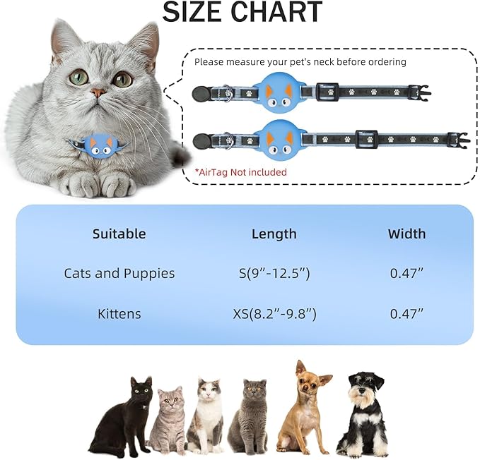 Airtag Cat Collar Breakaway, Reflective Kitten Collar with Apple Air Tag Holder and Bell for Girl Boy Cats, Lightweight Cat Collars for Apple AirTag, Hidden GPS Tracker Holder for Cats, Blue (9-13")