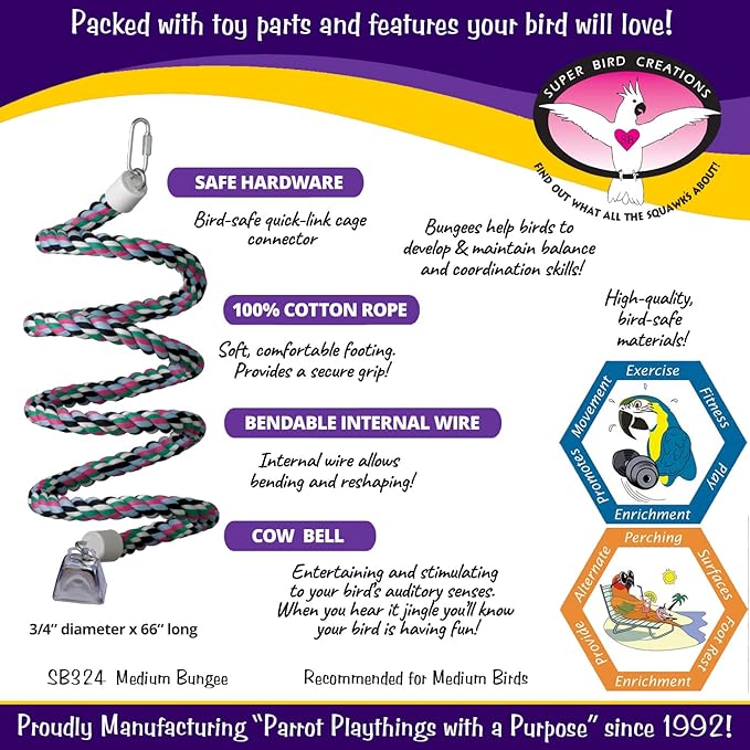 Super Bird Creations SB324 Colorful Cotton Rope Bungee Bird Toy, Medium Bird Size, 3/4" Diameter x 66"