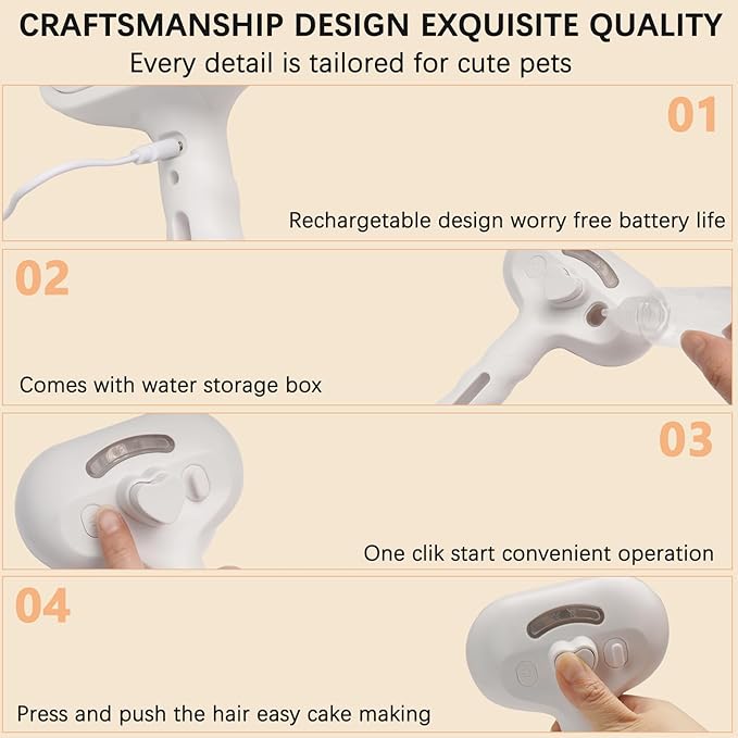 Pet Steam Brush for Cat & Dog – 4-in-1 De-Shedding, Steam Spray, and Self-Cleaning Grooming Tool – Ideal for Long and Short-Haired Pets– Includes 2 Bottles of 120 mL Waterless Shampoo(White)