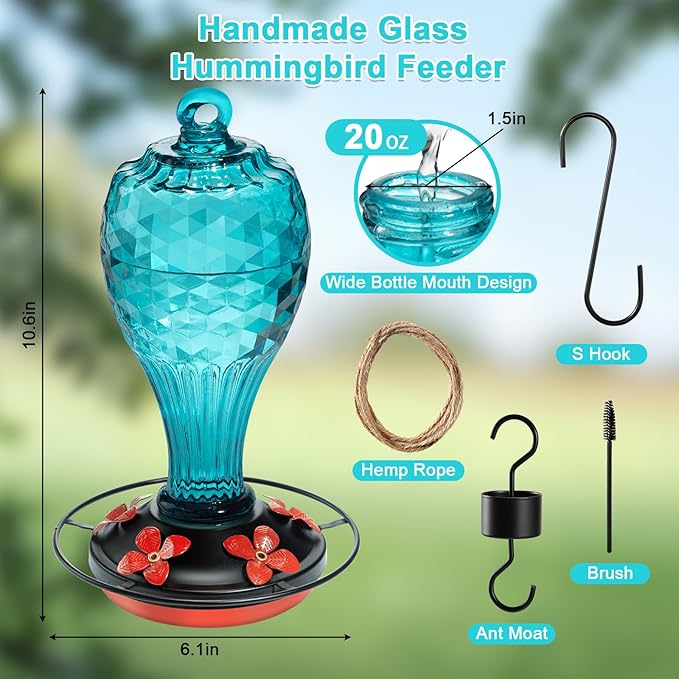 Hummingbird Feeder - Hand Blown Glasss Hummingbird Feeders for Outdoors Hanging with Ant Moat, Never Fade, Garden Backyard Decoration, for Women Mom Dad (Blue)