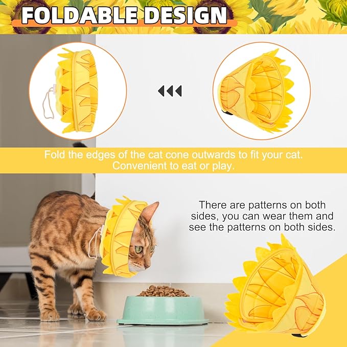 KOOLTAIL Cat Costume Cone Collar Soft, Adjustable Cat Cones to Stop Licking, Foldable Donut Water Resistant Pet Recovery Neck E Collars After Surgery,Elizabethan Collar for All Breeds Cats,Sunflower M