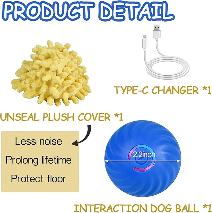 Interactive Dog Ball, Automatic Moving Toy Ball with Cover for Small Dogs, Self Rolling Best Boredom Toys for Gift, Dog Toys to Keep Them Busy(Blue, Small:2.2inch)