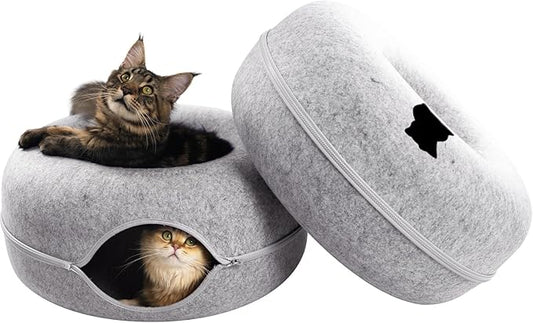 CATTASAURUS Peekaboo Cat Cave for Multiple & Large Cats Up to 30-45 Lbs, Scratch Detachable & Washable Tunnel Bed, Comfy Donut Cat Cave (Light Gray + Light Gray, Large)