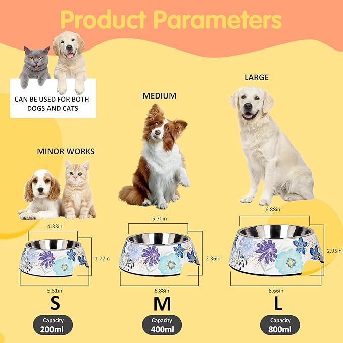 Pet Cats Dogs 2 in 1 Food Water Bowls - Non Slip Skid Proof Heavy Duty Pet Cats Dog Food Water Bowls for Feeding Drinking Small Medium Large Dogs Cats Puppies (Blue Flower, L:28 OZ)