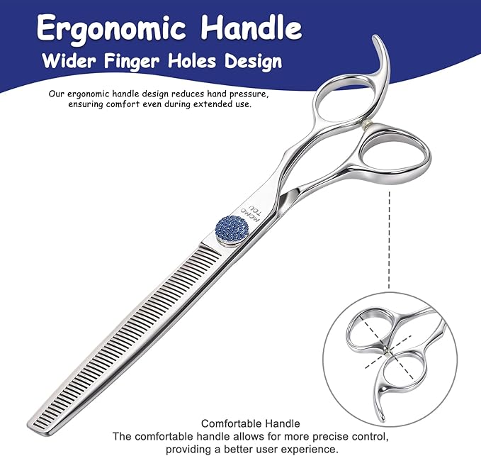 7'' Dog Grooming Scissors Set with Blue Diamond Adjustable Screws CNC 440C Stainless Steel Thinner Chunker Straight Curved Shears with Comb Sharp and Durable