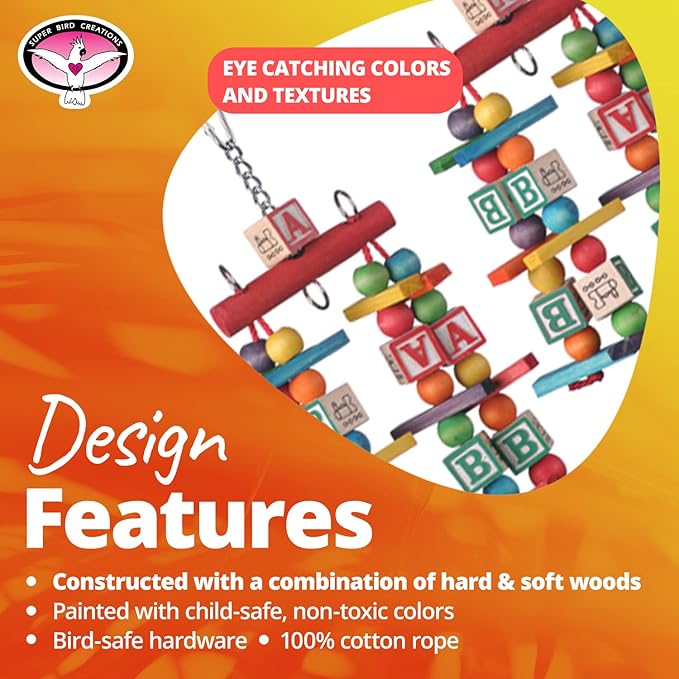 Super Bird Creations SB448 Katy's ABC Jr. Interactive Bird Toy - Durable Chew Toy, Non-Toxic Textured ABC Blocks, Safe 'Polly' Rope, Ideal for Parrots & Ringnecks - Medium Bird Size - 7" x 5" x 1.5"