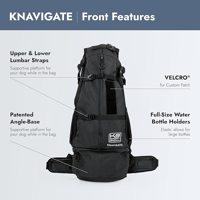 K9 Sport Sack Knavigate - Medium, Midnight Black - Ideal for Dogs with 17-19” Back Length - Adjustable, Backpack-Style Carrier with Internal Frame & Padded Hip Belt