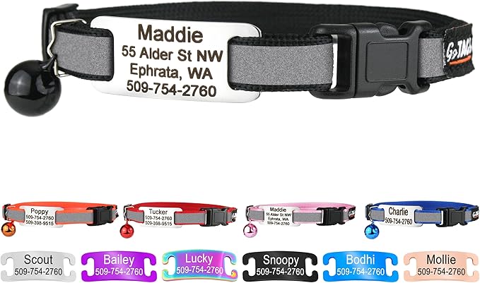 GoTags Personalized Reflective Cat Collars with Tag, Engraved Custom with Name and Phone, Breakaway Collar with Safety Buckle and Bell, Adjustable for Cats and Kitten, (Black with Nameplate)
