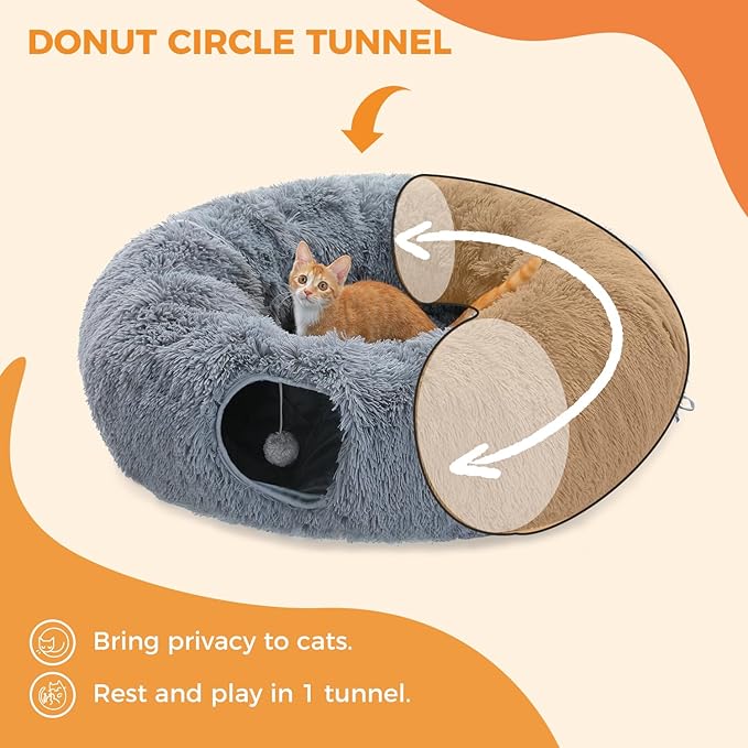 PAWZ Road Large Cat Tunnel, Cat Tunnel Bed with Central Soft Mat and Dangling Balls, Collapsible Fluffy Plush Cat Tube (9.8 Inches in Diameter) for Indoor Cats, Rabbits and Puppies