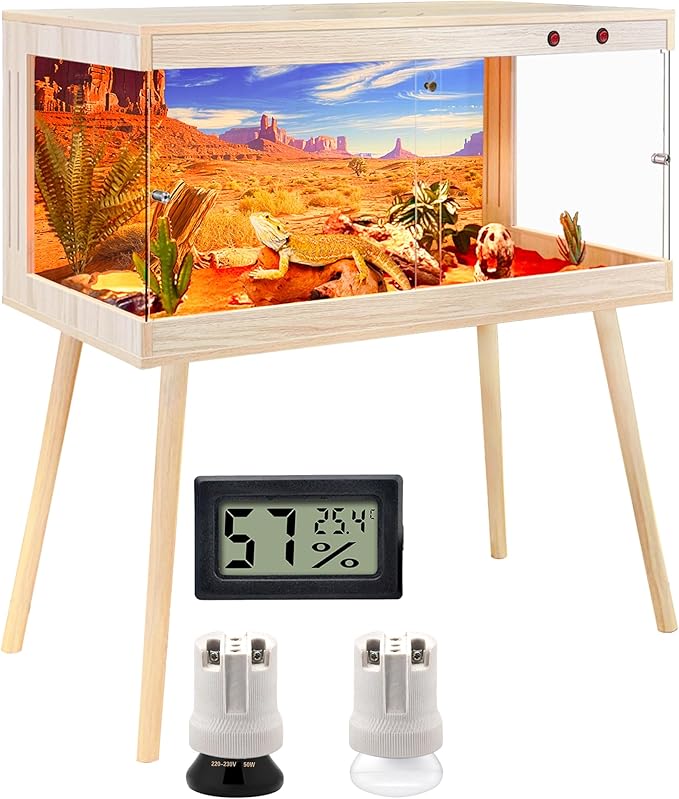 Royxen Tempered Glass Bearded Dragon Tank,33 Gallon Reptile Tank with Leg Stand,Built-in Lighting Reptile Enclosure Scartch-Proof Bearded Dragon Encloure for Chameleon,Snake,Lizard(Oak,32"x 16"x 16")