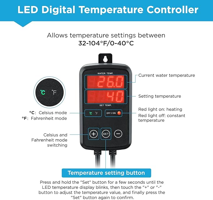 Titanium Aquarium Heater 300W, Submersible Fish Tank Heater with Digital Display Temperature Controller, 0℃-40℃ Adjustable, Fast Heating for 40 ~ 60 Gal Saltwater Freshwater Fish Tank, MX-9016(300W)