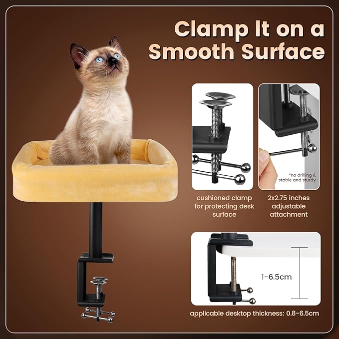 Cat Desk Bed, Sturdy Cats Bed for Desk with Washable Cover, Dual-Sided Breathable Summer & Winter, Comfortable Soft Pet Nest Bed with Reinforced Steel Frame, Easy Assembly for Home Office/Study Room