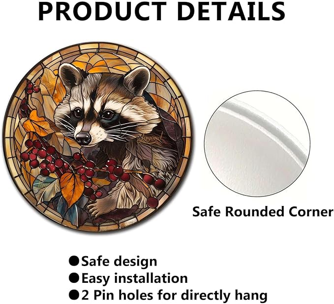 Lygond Metal Sign Tin Sign Circular Stained Glass Raccoon Garden Metal Sign for Pub 12×12 Inches