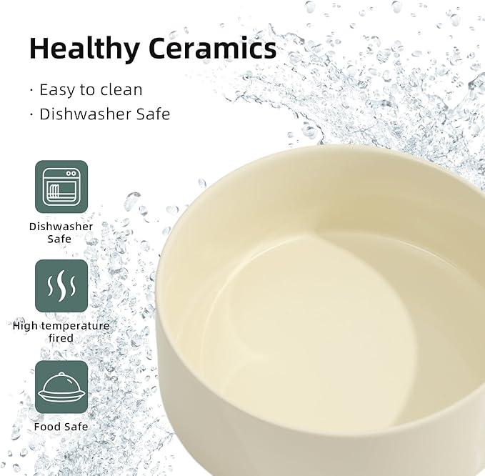 Ceramic 7.3inch Dog Bowl, Food and Water Bowl for Medium Breed Dog, Pet Feeder for Replacement (Single Bowl, Beige)