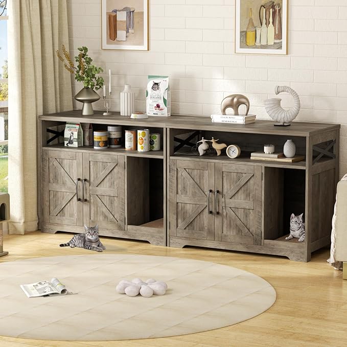 Cat Litter Box Enclosure, Hidden Litter Box Furniture with Scratch Pad, Farmhouse Indoor Cat House Washroom End Table, Grey