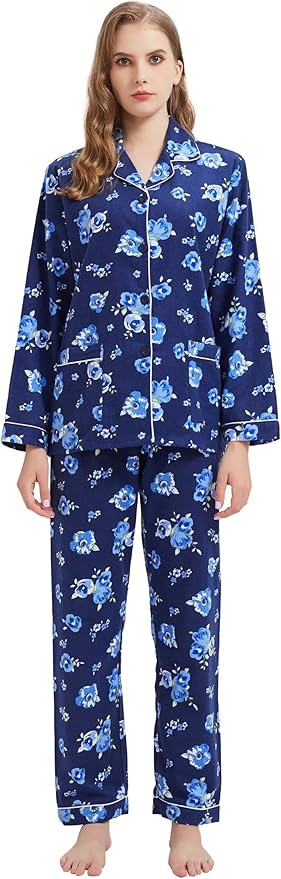 GLOBAL Flannel Pajamas for Women 2-Piece Comfy and Cozy Flannel Pj Set Cotton Loungwear
