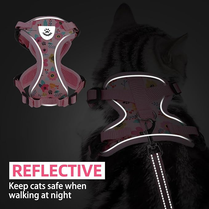 PUPTECK Cat Harness and Leash Set Escape Proof Reflective Cat Walking Harness Adjustable Soft Breathable Mesh Vest for Small Pets, Pink Flowers, M
