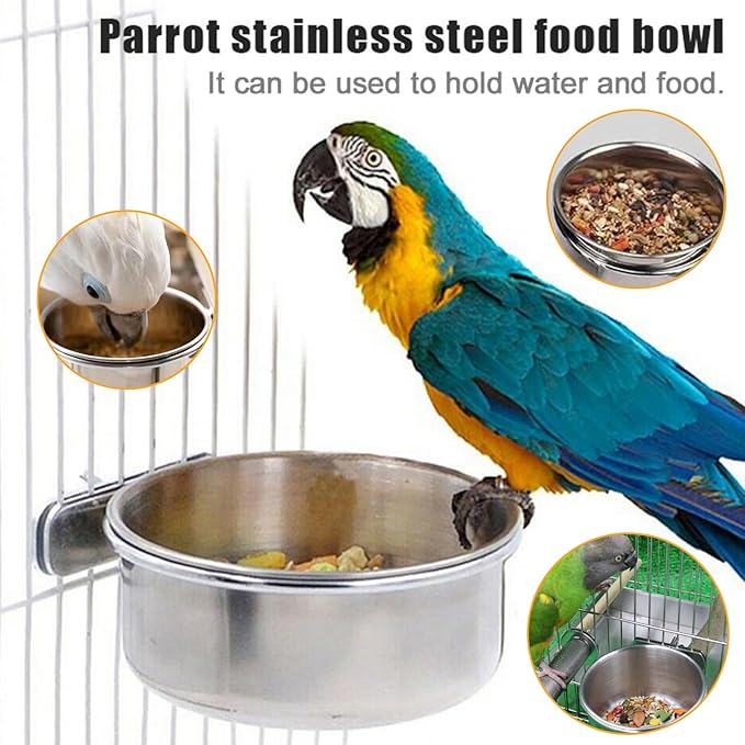 PINVNBY 6 Pieces Stainless Steel Bird Feeding Dish Cups,Parrot Feeder Parakeet Food Water Bowls with Clamp Holder & 6 Pcs Bird Spoon & 6 Pcs Birds Ball Toys for Budgies Macaw Small Animal(S)