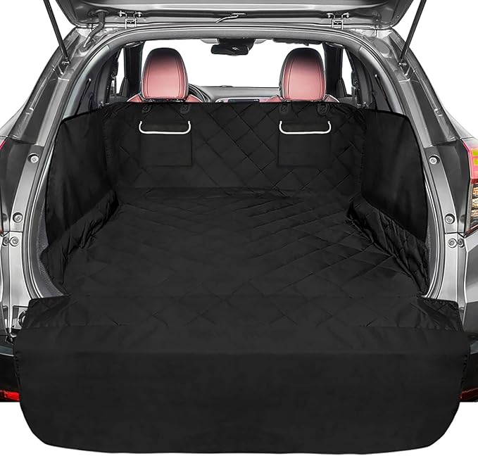F-color SUV Cargo Liner for Dogs - Waterproof Pet Cargo Liner with Side Flaps, Comfort Dog Cargo Cover with Bumper Flap 2 Pockets, Scrachproof Non-slip Large Size Universal Fit SUVs Sedans Vans, Black