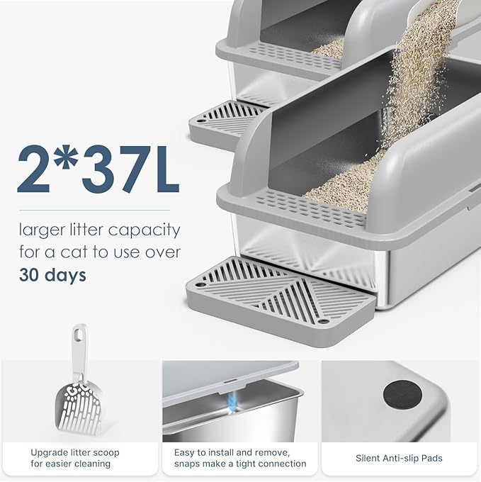 2 Pack XL Stainless Steel Litter Box Enclosure with Lid, Stainless Steel Cat Litter Pan for Big Cats, Large Metal Litter Box with Anti-Leakage High Wall, Non-Sticky Easy Cleaning Cat Litter Tray