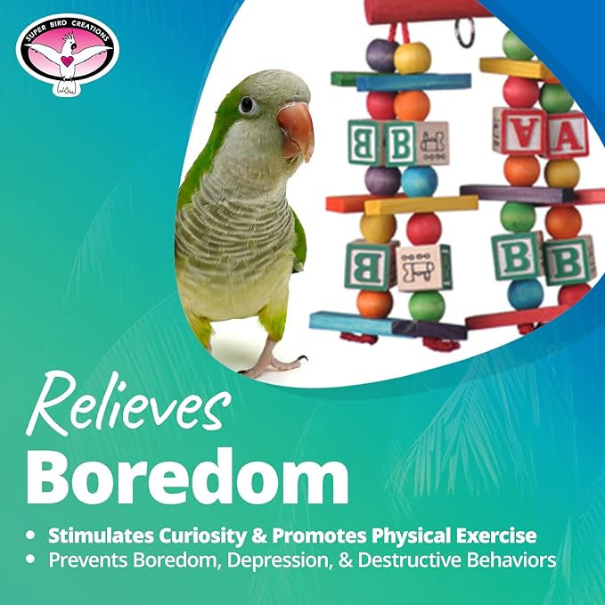 Super Bird Creations SB448 Katy's ABC Jr. Interactive Bird Toy - Durable Chew Toy, Non-Toxic Textured ABC Blocks, Safe 'Polly' Rope, Ideal for Parrots & Ringnecks - Medium Bird Size - 7" x 5" x 1.5"