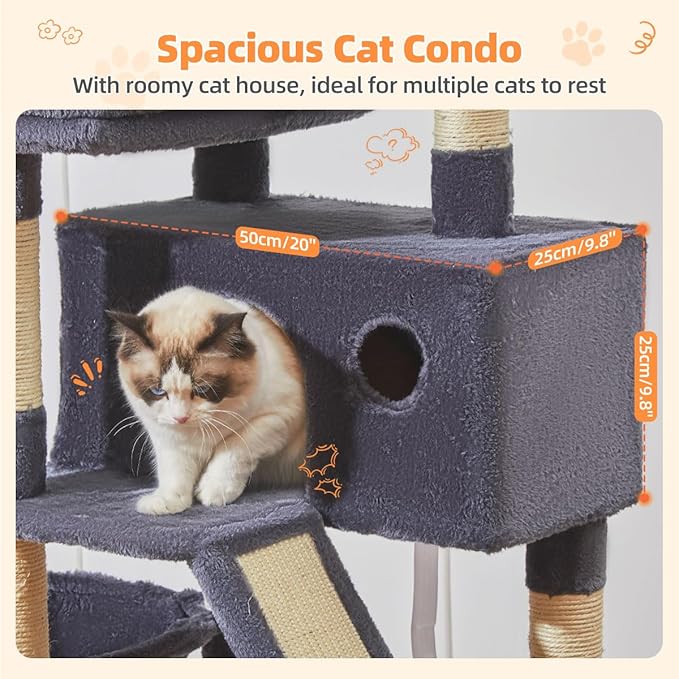 Taoqimiao Cat Tree 57.5-Inch, Cat Tower for Indoor Cats Large Adult, Extra Large Cat Condo, 8 Sisal Scratching Posts, Metal Frame Cozy Hammock, Durable Scratch Board, 2 Top Perches, Smoky Gray MS026G