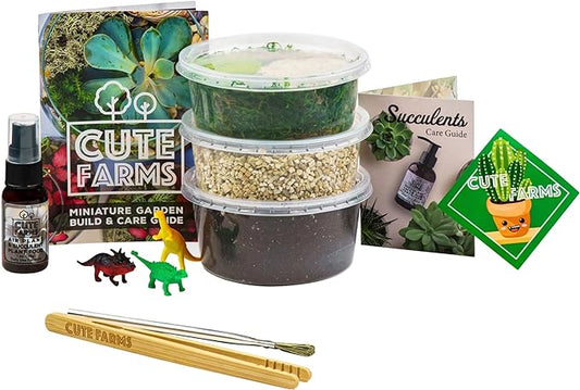 Cute Farms Terrarium Starter Kit | Moss, Vermiculite, Soil, Pebbles, Plant Food, Finishing Tools, Build and Care Guide | DIY Succulent Terrarium for Adults and Kids (Small)