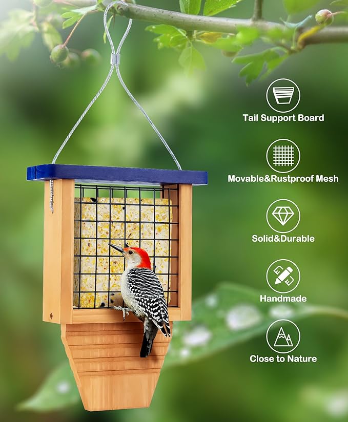 Wooden Suet Bird Feeder for Outside Hanging, Woodpecker Suet Feeder with Tail Prop, Hanging Bird Feeder for Wild Birds, 1 Pack, Blue