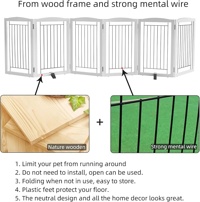 ZJSF Freestanding Dog Fence Indoor, Foldable Dog Gate for Doorways, Stairs or Hallways, Sturdy Wood Extra Wide Pet Gate with Support Feet for The House, White, 32 "Height-6 Panels