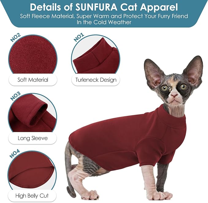 SUNFURA Turtleneck Sweater for Cat, Sphynx Hairless Cats Shirt Sweaters with Sleeves, Warm and Soft Kitten Pullover Fleece Winter Pajamas Jumpsuit for Puppy, Burgundy XL
