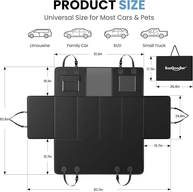 Dog Car Seat Cover for Back Seat, 7-Layers PU Leather Anti Scratch, 100% Waterproof Back Seat Extender for Dogs with Hard Bottom, Holds 450lbs，Non-Slip Dog Hammock for Cars Trucks and SUVs, Black