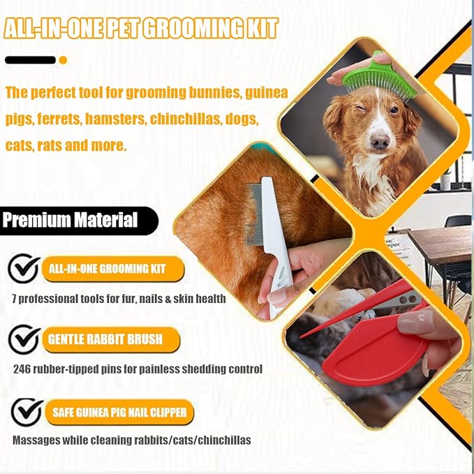 Rabbit Grooming Kit – Bunny Grooming Kit with Shedding Brush, Nail Clippers & Comb – Small Animal Grooming Supplies for Rabbits, Guinea Pigs, Hamsters, Ferrets - Small Pet Shedding & Care (Pink)