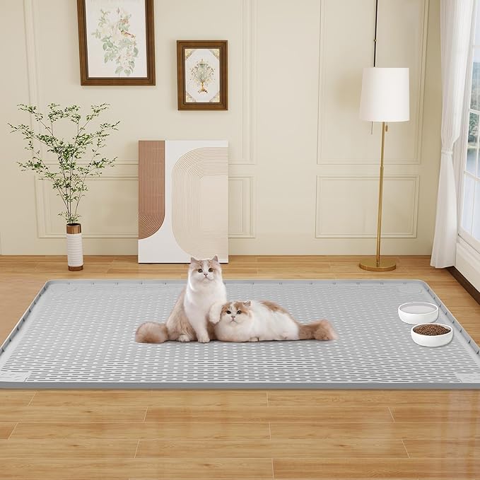 Cat Food Mat, 50" x 35" Extra Large Silicone Pet Feeding Mat with Raised Edge Pet Placemat for Food and Water Bowl Non-Slip, Easy to Clean, Floor Protection (Grey)
